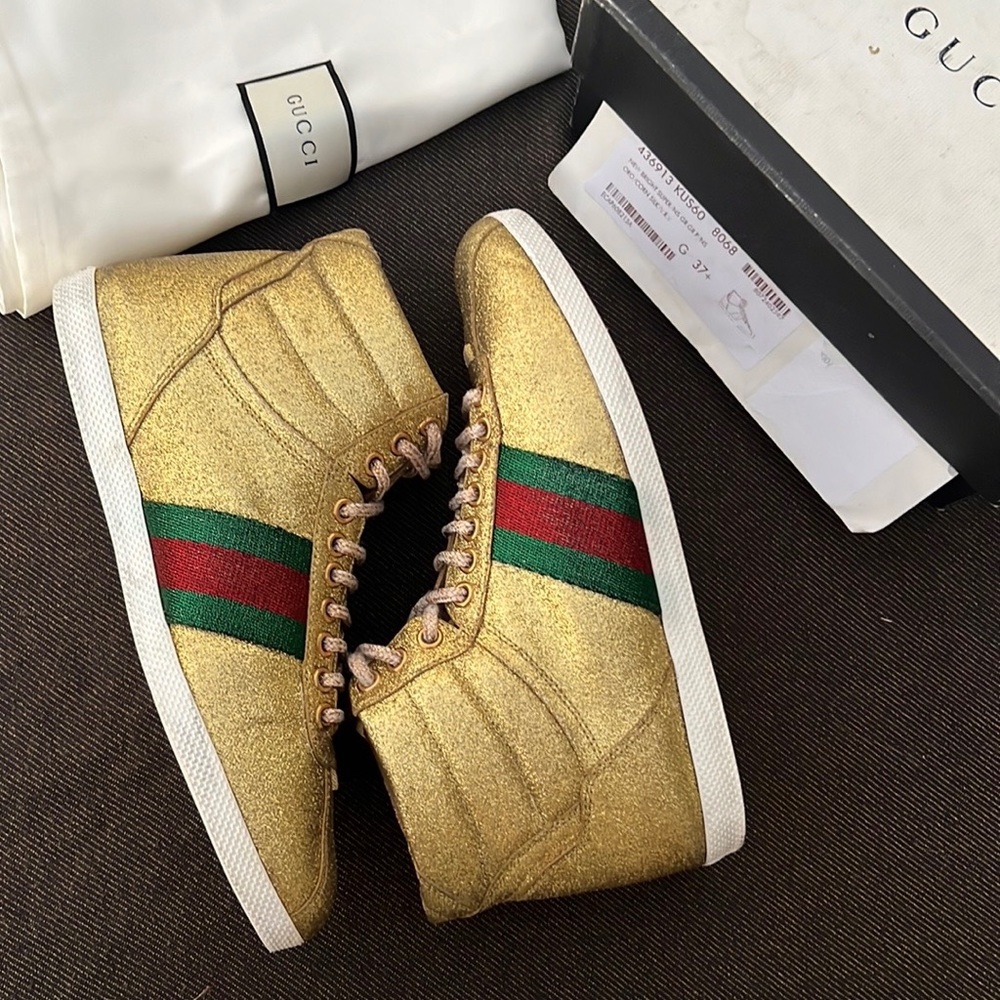 $1195 GUCCI gold glitter hi top sneakers green red white sole oro 37.5 7 7.5